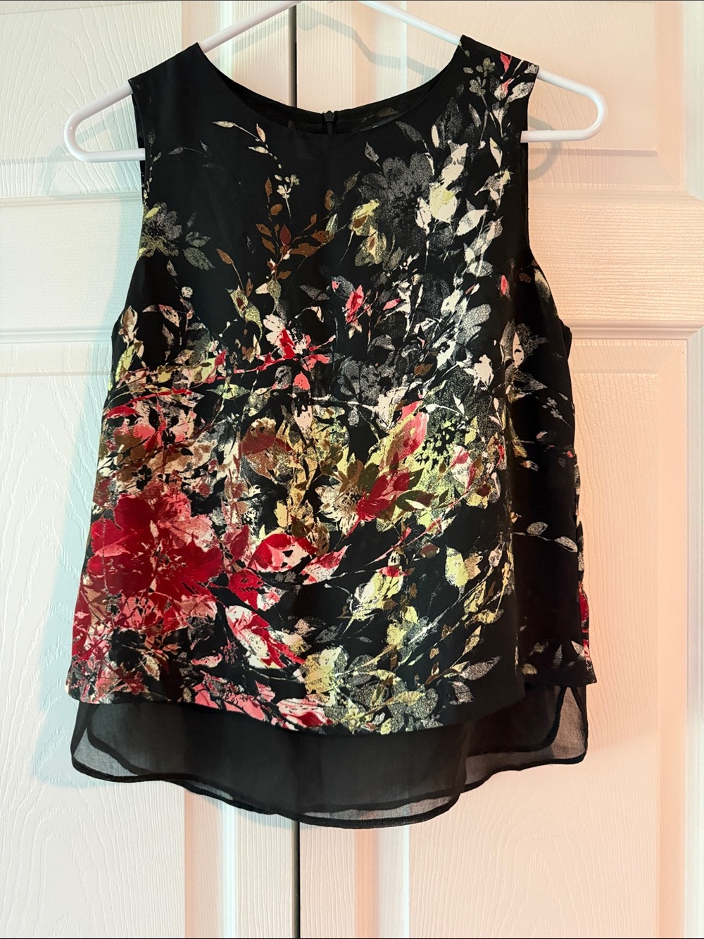 Rose & Olive Black Floral Layered Chiffon Camisole with Red & Gold Accents